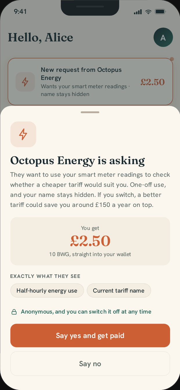 A sharing request: Octopus Energy wants your smart meter readings and will pay you 2 pounds 50, with your name kept hidden and a cheaper tariff on offer.