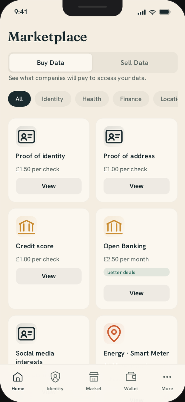 The Bobwag marketplace: things you can share with what companies pay, such as proof of identity at 1 pound 50 per check and open banking at 2 pounds 50 a month.